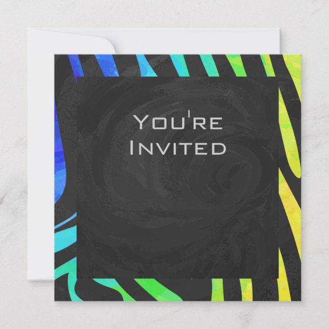 Monogram Zebra Black and Rainbow Print Invitation (Front)