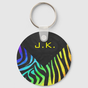 Monogram Zebra Black and Rainbow Print Keychain
