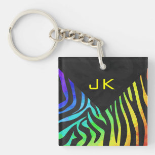 Monogram Zebra Black and Rainbow Print Keychain