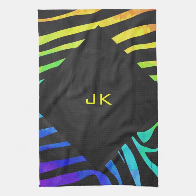 Monogram Zebra Black and Rainbow Print Kitchen Towel (Vertical)