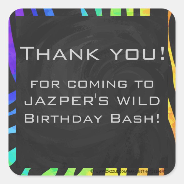 Monogram Zebra Black and Rainbow Print Square Sticker (Front)