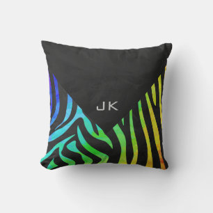 Monogram Zebra Black and Rainbow Print Throw Pillow