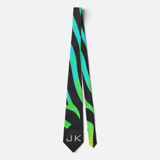 Monogram Zebra Black and Rainbow Print Tie (Front)