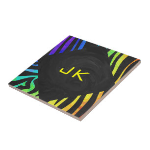 Monogram Zebra Black and Rainbow Print Tile