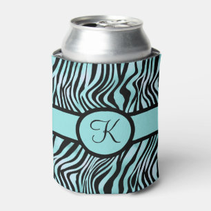 Monogram Zebra print Black and Teal Turquoise Can Cooler
