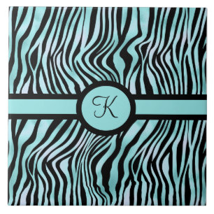Monogram Zebra print Black and Teal Turquoise Tile