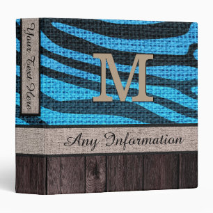 Monogram Zebra Print Pattern Burlap Look Wood #8 Binder