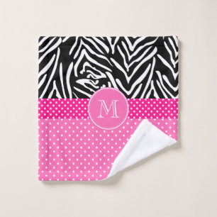 Monogram Zebra with Hot Pink Polka Dot Pattern Bath Towel Set