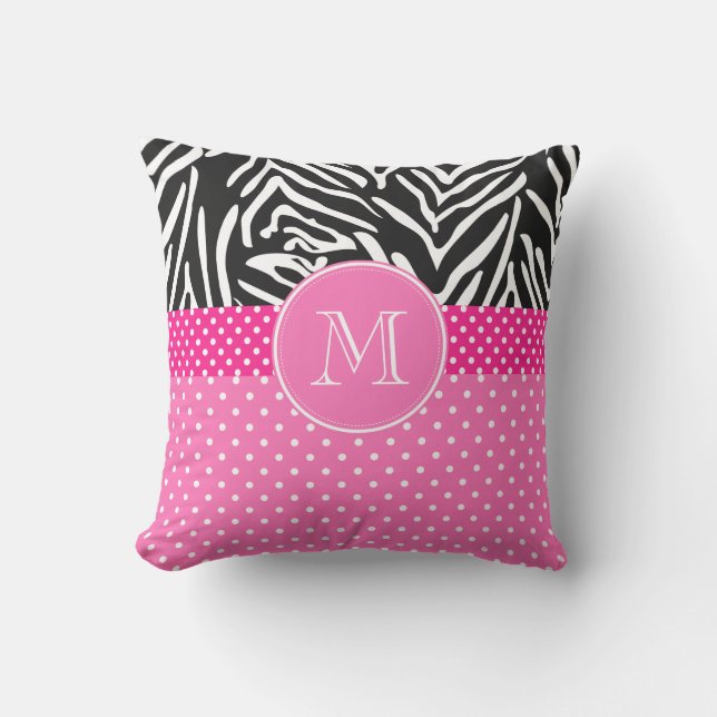Monogram Zebra with Hot Pink Polka Dot Pattern Outdoor Pillow (Front)