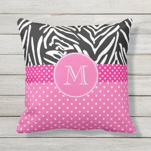 Monogram Zebra with Hot Pink Polka Dot Pattern Outdoor Pillow