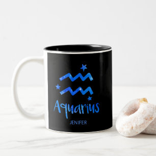 Monogram, Zodiac sign, Aquarius with Blue Galaxy Two-Tone Coffee Mug