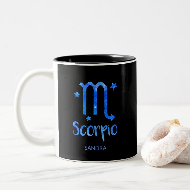 Monogram, Zodiac sign, Scorpio, Blue Galaxy Two-Tone Coffee Mug (With Donut)