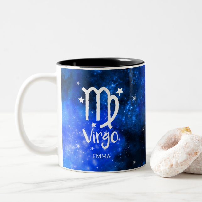 Monogram, Zodiac Virgo sign, Blue Galaxy Two-Tone Coffee Mug (With Donut)