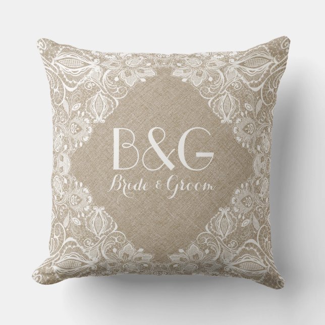 Monogramed Beige Linen And White Lace Frame 1a Throw Pillow (Front)