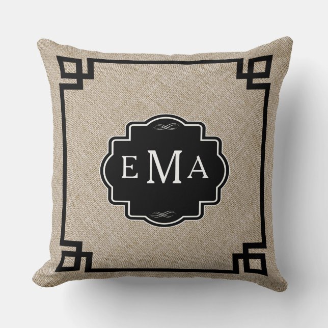 Monogramed Beige Linen With Black Frame Throw Pillow (Front)