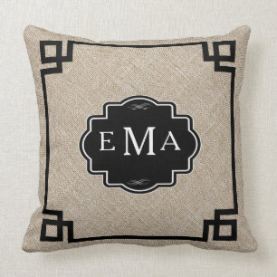 Monogramed Beige Linen With Black Frame Throw Pillow