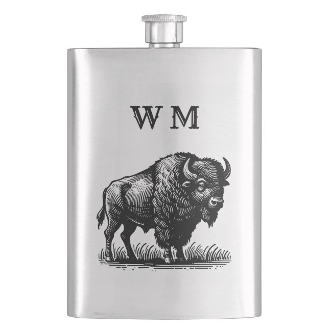 Monogramed Bison Buffalo On Stainless Steel Flask (Front)
