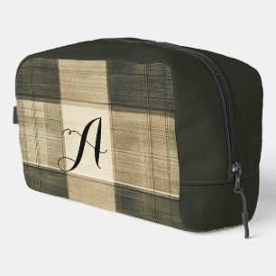 Monogramed Black And Brown Plaid Dopp Kit