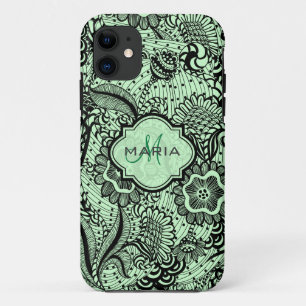 Monogramed Black And Green Girly Abstract Floral 2 iPhone 11 Case