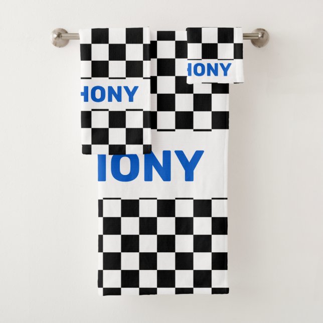 Monogramed Black and White Chequered Flag 1 Bath Towel Set (Insitu)