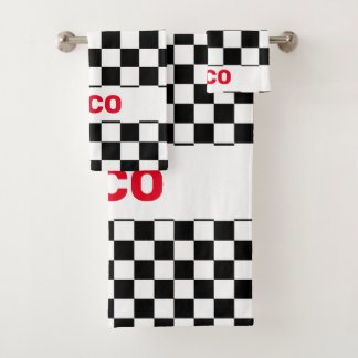 Monogramed Black and White Chequered Flag 2 Bath Towel Set