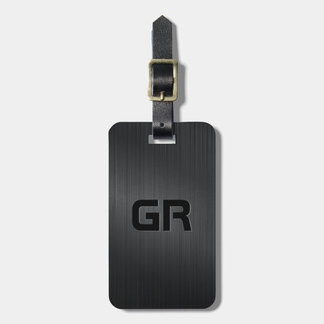 Monogramed Black Brushed Aluminum Texture 3 Luggage Tag (Front Vertical)