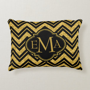 Monogramed Black Chevron & Gold Glitter Decorative Pillow