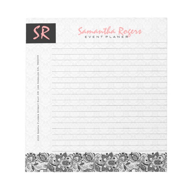 Monogramed Black Floral Lace & White Damasks Notepad (Front)
