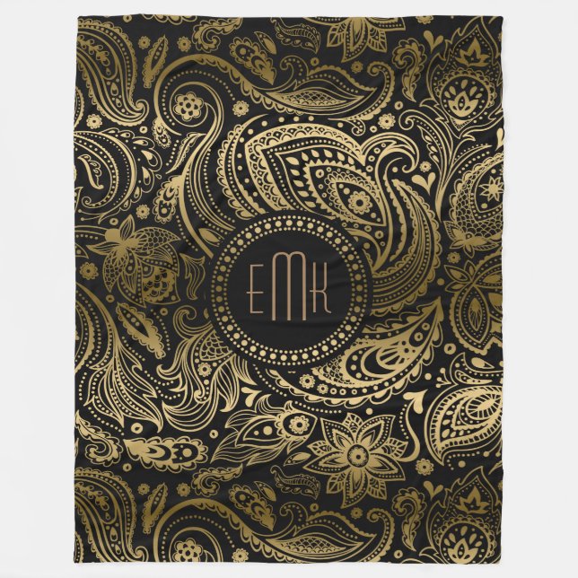 Monogramed Black Gold Paisley Pattern Fleece Blanket (Front)