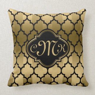 Monogramed Black & Gold Stripes & Quatrefoil Throw Pillow