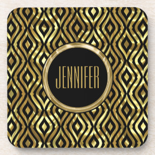 Monogramed Black & Metallic Gold Geometric Pattern Coaster