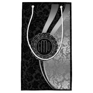 Monogramed Black & Silver Damasks Dynamic Stripes Small Gift Bag