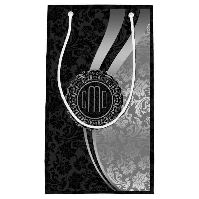 Monogramed Black & Silver Damasks Dynamic Stripes Small Gift Bag (Front)