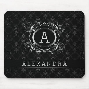Monogramed Black & Silver Grey Baroque Frame Mouse Pad