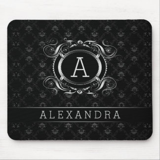 Monogramed Black & Silver Grey Baroque Frame Mouse Pad
