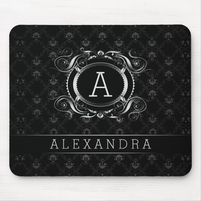 Monogramed Black & Silver Grey Baroque Frame Mouse Pad (Front)