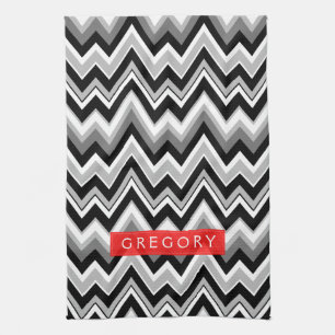 Monogramed Black White And Grey Chevron Pattern Kitchen Towel