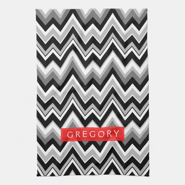 Monogramed Black White And Grey Chevron Pattern Kitchen Towel (Vertical)