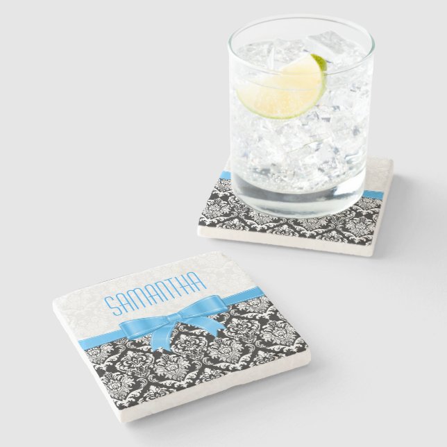 Monogramed Black & White Damasks Blue Ribbon Stone Coaster (Side)