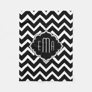 Monogramed Black & White Geometric Zigzag Chevron Fleece Blanket