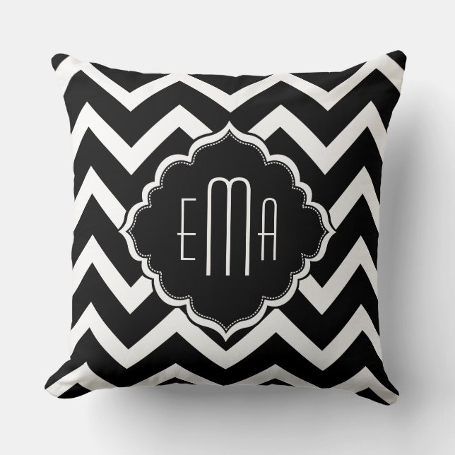 Monogramed Black & White Geometric Zigzag Chevron Throw Pillow (Front)
