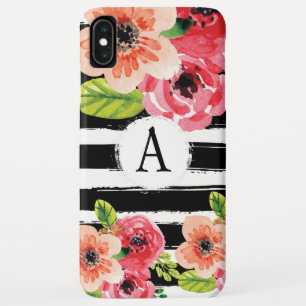 Monogramed Black White Stripes Watercolor Flowers iPhone XS Max Case