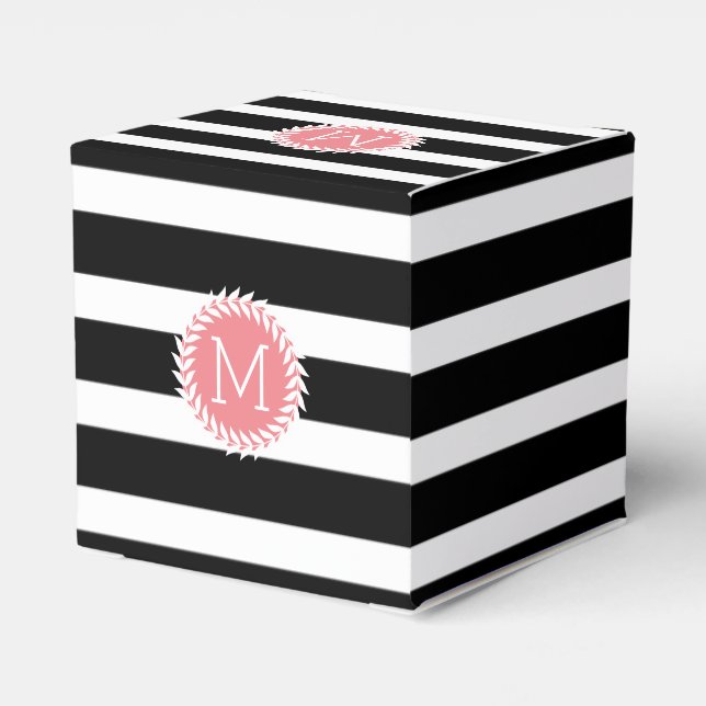 Monogramed Black & White Stripes & White Wreath Favor Box (Back Side)