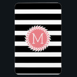 Monogramed Black & White Stripes & White Wreath Magnet<br><div class="desc">Elegant white floral wreath over black and white stripes. Pink circle accent with customizable monogram. Many colour combination is available but any colours can be requested. If you need any help customizing, changing colour, or anything else to any of my designs, contact ArtOnWear designer. Free text formatting with live help...</div>
