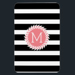 Monogramed Black & White Stripes & White Wreath Magnet<br><div class="desc">Elegant white floral wreath over black and white stripes. Pink circle accent with customizable monogram. Many colour combination is available but any colours can be requested. If you need any help customizing, changing colour, or anything else to any of my designs, contact ArtOnWear designer. Free text formatting with live help...</div>