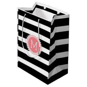 Monogramed Black & White Stripes & White Wreath Medium Gift Bag