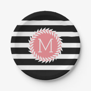 Monogramed Black & White Stripes & White Wreath Paper Plate