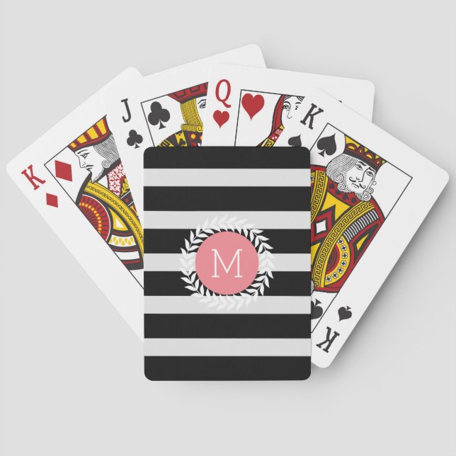 Monogramed Black & White Stripes & White Wreath Playing Cards (Back)