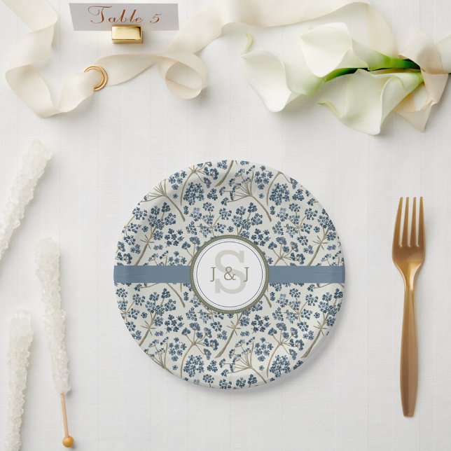 Monogramed Blue Floral Watercolor Paper Plate (Monogramed Blue Floral Watercolor Paper Plates from Studio Posies.)