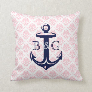 Monogramed Blue Nautical Anchor & Pink Damasks Throw Pillow